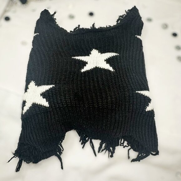 Oversized Cropped Black Sweater with White Stars, Just Polly Womens Size Medium - Picture 13 of 14
